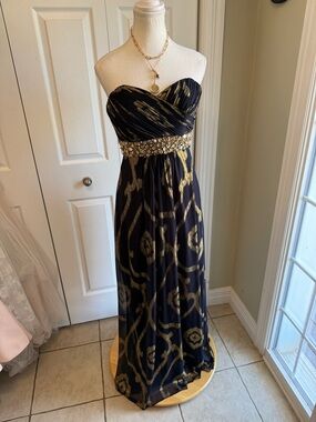 Betsy & Adam Vintage Black and Gold Strapless Evening Gown with Jeweled Waist